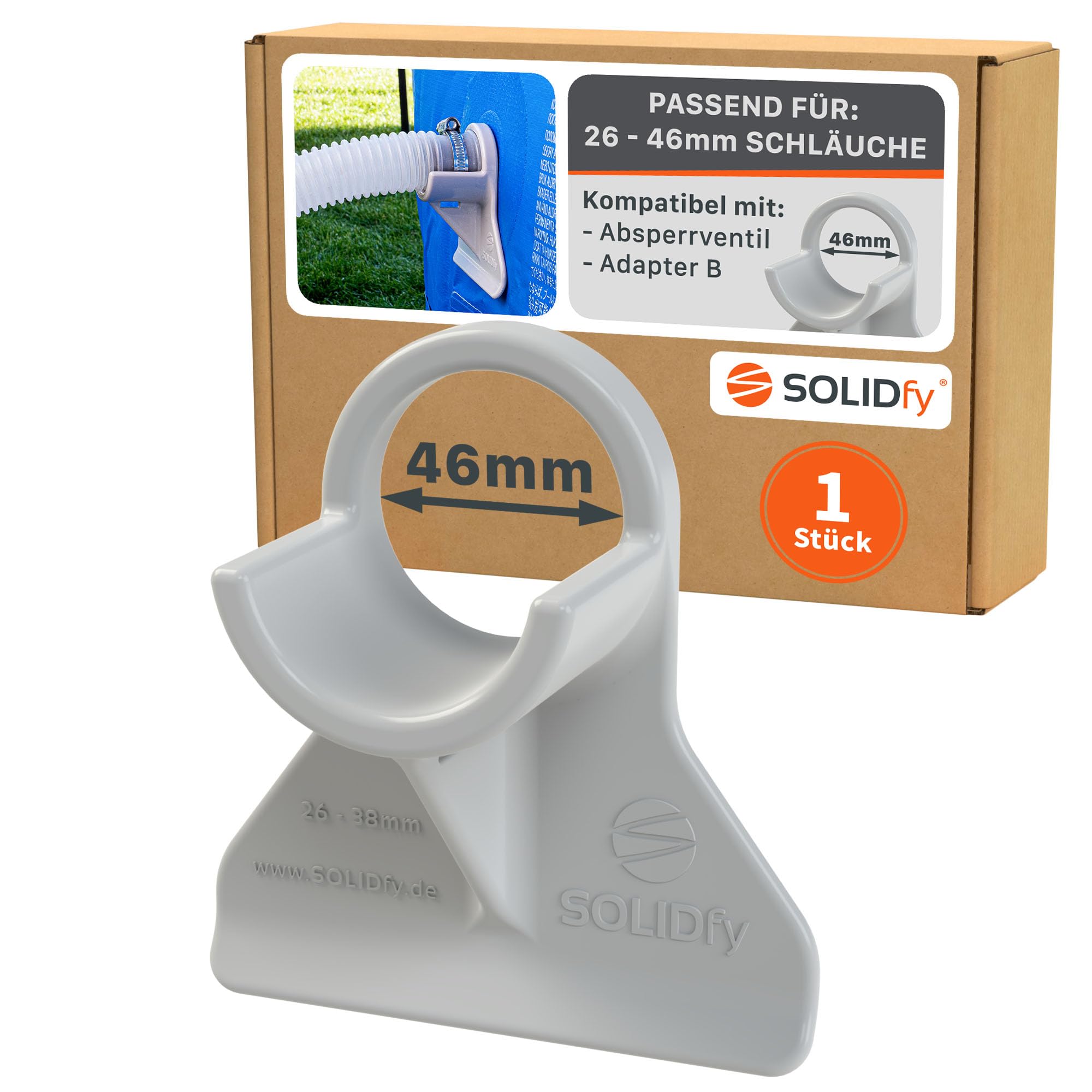 SOLIDfy® - [1x] Pool Hose Holder 26 mm - 46 mm | Hose Holder for Intex, Bestway, Pike | Also with Adapter B and Shut-Off Valve Pipe Holder 32 mm 38 mm Kink Protection in Grey
