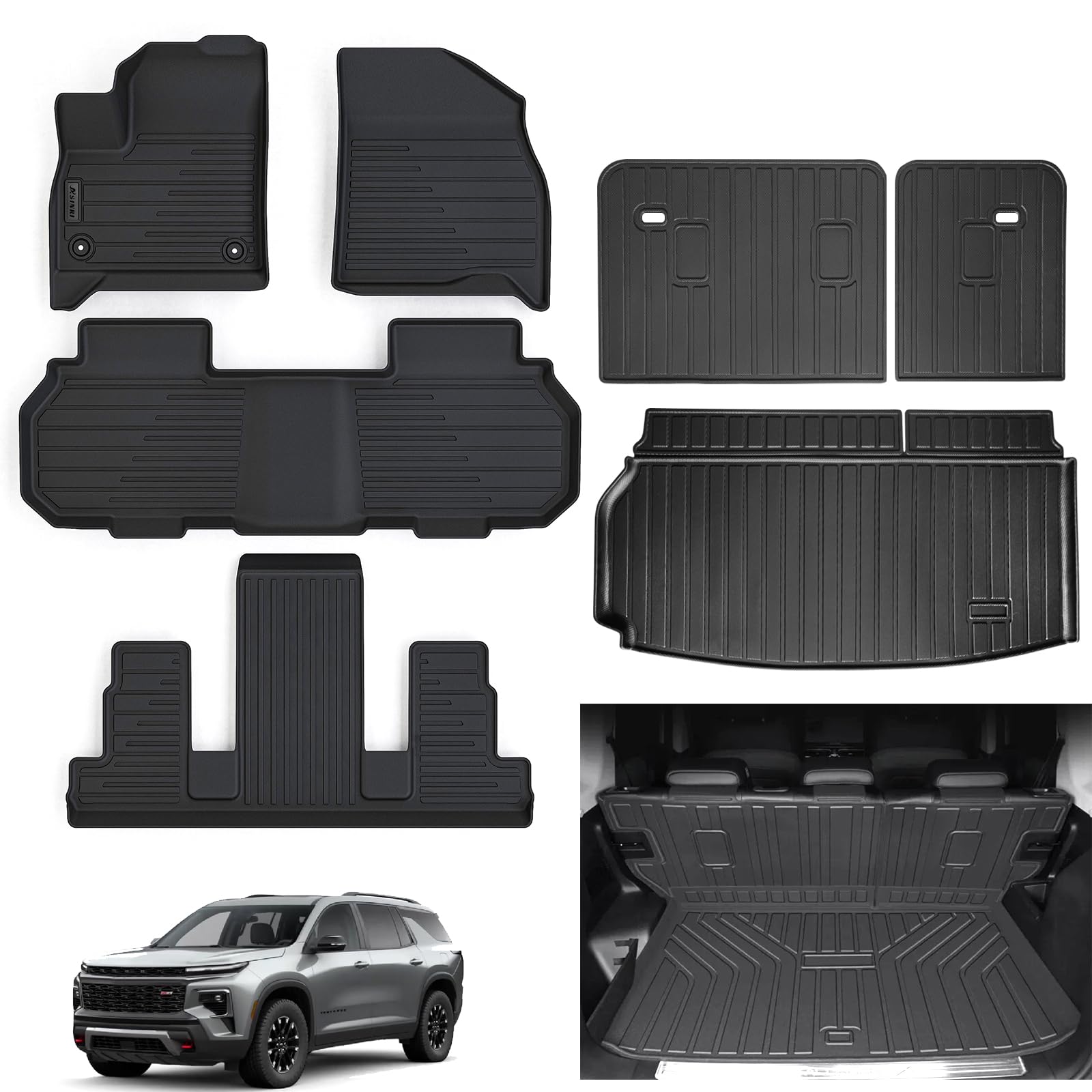 Photo 1 of Floor Mats for All-New 2024 2025 Chevy Traverse 7 Seats (2 Row Bucket Seat), TPE All Weather Protection 3 Rows Car Floor Liners with Trunk Mat for Chevrolet Traverse Accessories