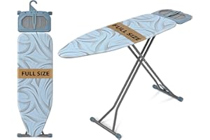 KINGBOARD Ironing Board, Metal Panel Iron Board Full Size with Iron Rest, Compact Iron Board with 7 Height Adjustable, Heavy Duty Folding Iron Stand with Hanger, 15x45 Light Blue