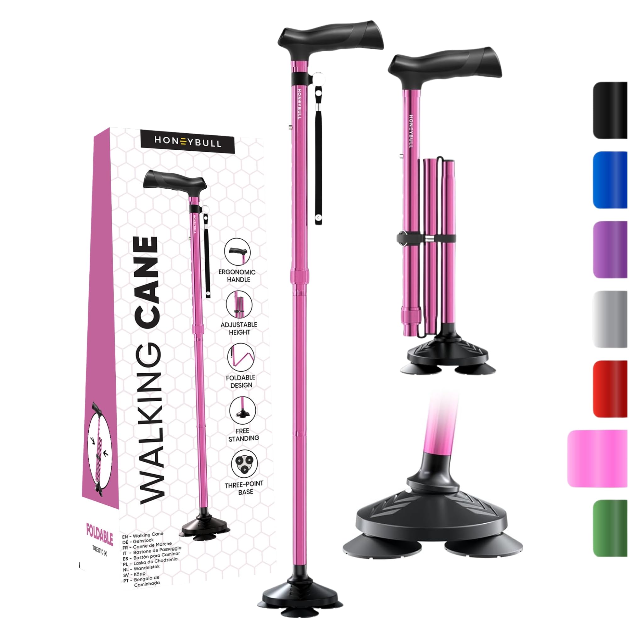 HONEYBULL Walking Cane for Women & Men Foldable, Adjustable, Heavy Duty, Free Standing, All Terrain, Collapsible Walking Sticks for Seniors & Adults (Pink) Image