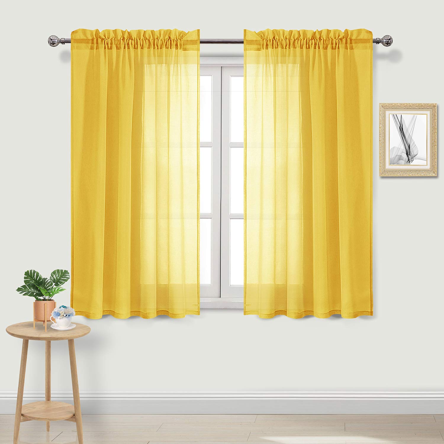 DWCN Linen Effect Sheer Curtains Rod Pocket for Living Room 52x45 Inch Yellow Set of 2