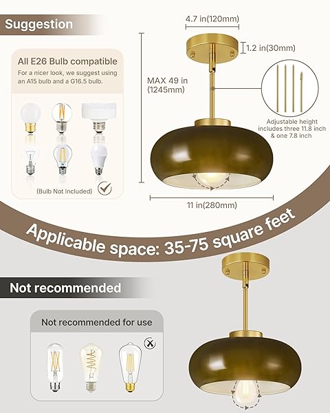 YUNNIX SEMI FLUSH MOUNT CEILING LIGHT, GOLD LIGHT FIXTURE, MID-CENTURY MODERN FARMHOUSE GREEN GLASS SMALL LIGHT FIXTURES FOR HALLWAY, BATHROOM, KITCHEN, BEDROOM, LIVING ROOM, CLOSET, LAUNDRY