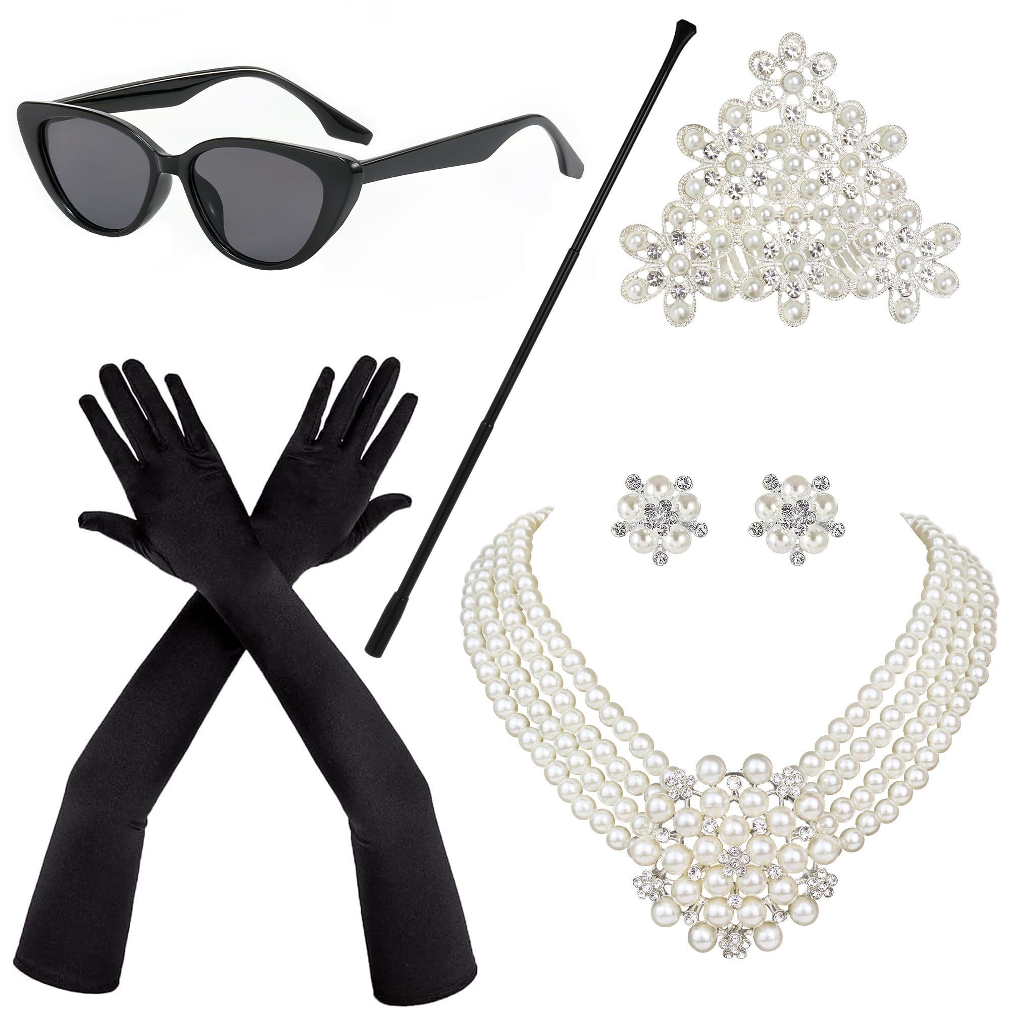 Horolam 6PCS Holly Golightly Accessories, 60s Retro Accessories for Women Pearl Necklace Earrings Holder Gloves Sunglasses