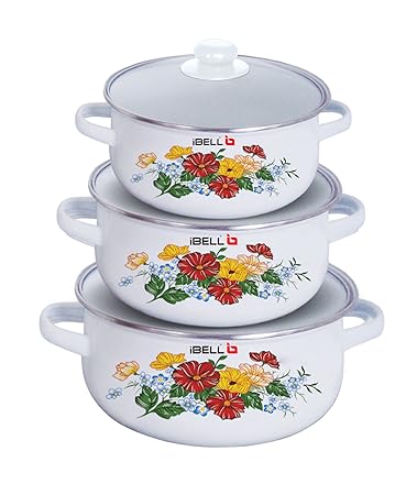 iBELL IBL ECS 3316 (3360) Decorative Enamel Casserole, Set of 3, with Sturdy Glass Lids
