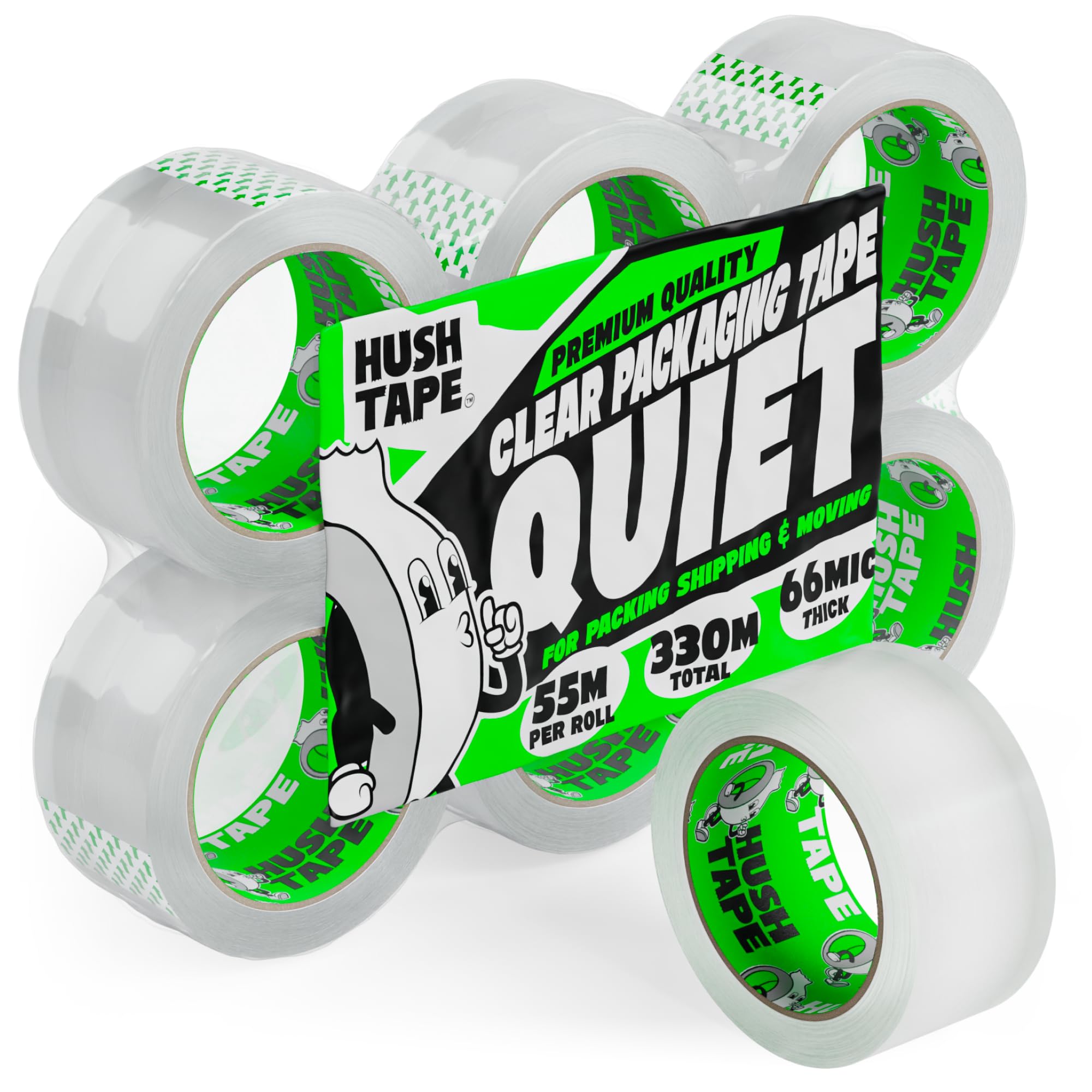 Hush Tape - Heavy Duty Low Noise Clear Packing Tape, 66 Micron, 48mm x 55m Clear Packaging Tape Strong Parcel Tape for Moving House, Shipping, and Sealing Boxes - 6 Rolls