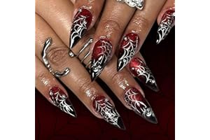 LOPMNGHT 24Pcs Halloween Press on Nails Long Almond Shaped Acrylic Artificial Fingernails Steel Ball Spider Spider Web Design Halloween Fake Nails Full Cover Dark Red Gradient Glue on Nail for Women Festival