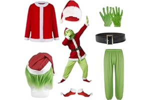 Ahfiwaso Green Santa Monster Adult Christmas Costume Set - 7PCS Santa Claus Outfit with Mask Included