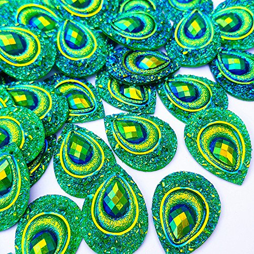 Sparkly Buttons Drop AB Color Sew On Crafts Rhinestones Flatback Beads Sewing For Costume Wedding Dress Decorations 18x25mm 50pcs (Green)