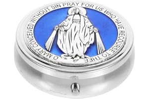 NOLITOY Metal Rosary Beads Case with Virgin Mary Blue Enamel - Vintage Zinc Alloy Religious Jewelry Box - Holy Communion Keep