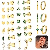 KRFY Flat Back Stud Earrings - 17 Pairs Surgical Steel Stud Earrings For Women Hypoallergenic Hoop Earrings Tiny Screw Back Cartilage Earring Set For Multiple Piercing