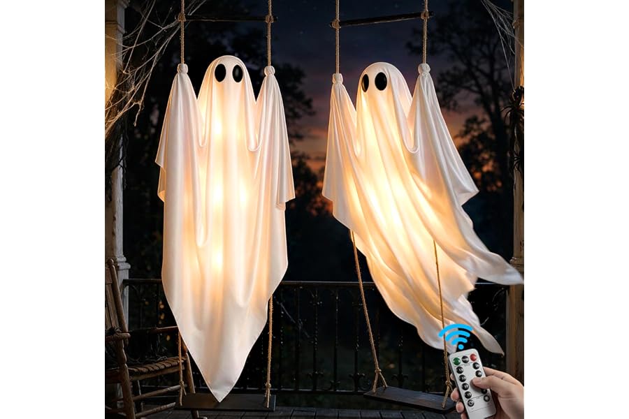 DUSFAN 2 Pack Halloween Decorations Outdoor, 5 FT Pre-Assembled Hanging Swinging Ghosts with Adjustable Arms, 8 Light Modes,