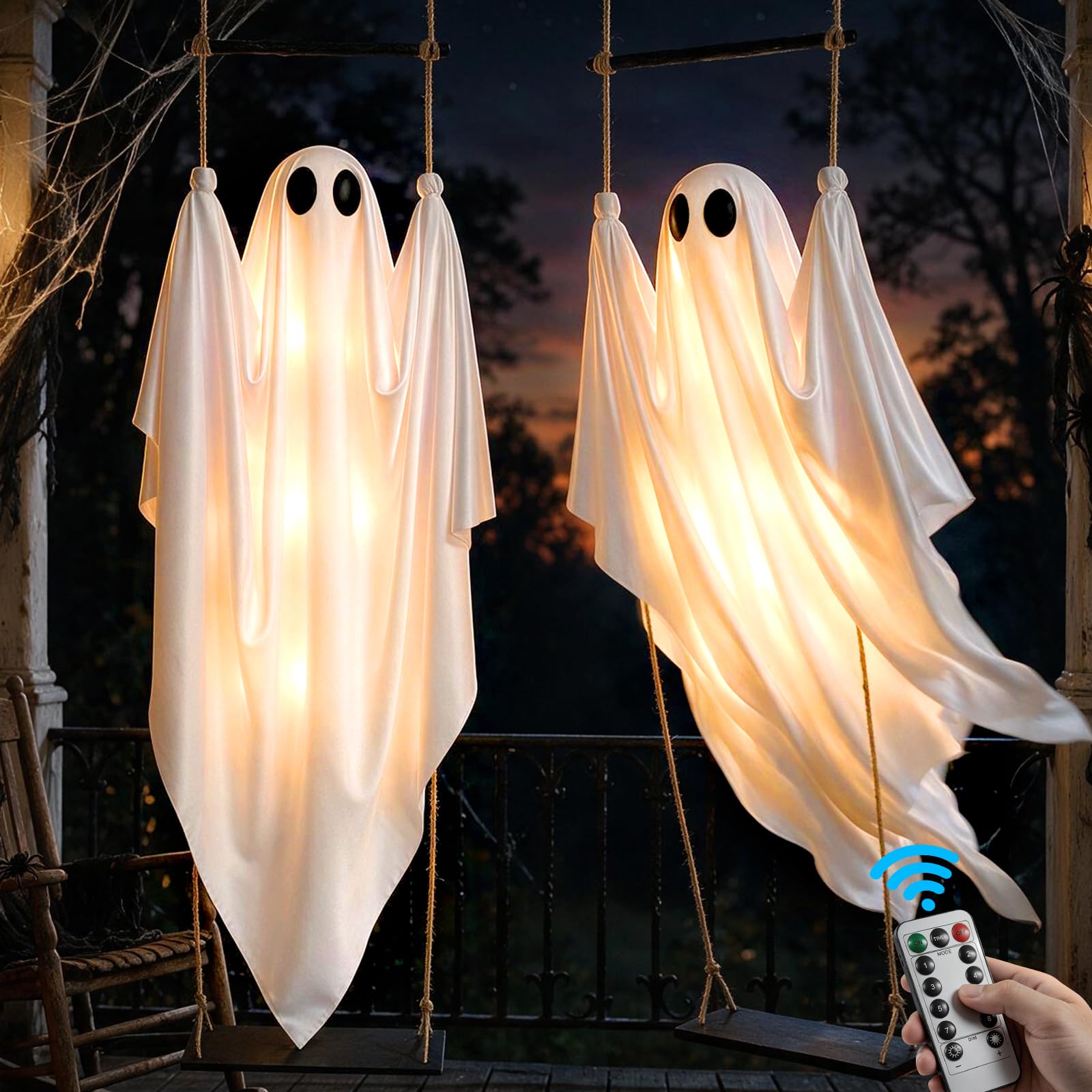 DUSFAN 2 Pack Halloween Decorations Outdoor, 5 FT Pre-Assembled Hanging Swinging Ghosts with Adjustable Arms, 8 Light Modes,