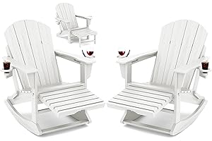 KINGYES Adirondack Rocking Chair Set of 2 with Retractable Ottoman and Cup Holders, HDPE Adirondack Rocker Patio Recliner Chair for Porch, Patio, Balcony, White