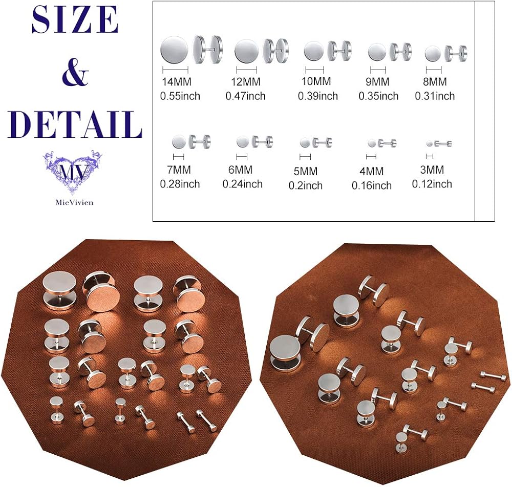 MicVivien 10 works Stainless Steel Fake Plugs Black Screw Studs Earrings Set for Men and Women Diameter 3-14MM (5 Colors Option) - Image 3