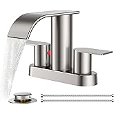 FORIOUS Brushed Nickel Bathroom Sink Faucet, Waterfall 4 Inch Centerset Bathroom Faucets with Metal Pop up Drain and cUPC Hose for Basin, Vanity, RV, Pedestal 2 or 3 Hole Sink