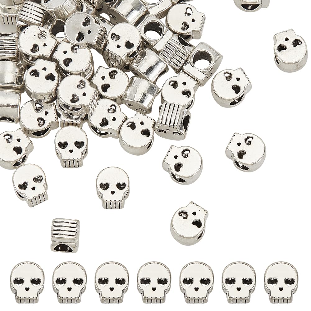 GOMAKERER 60 Pcs Alloy Skull Beads, Antique Silver Punk Retro Flat Skull Spacer Tibetan Style European Bead for Necklace Bracelet Jewelry Making