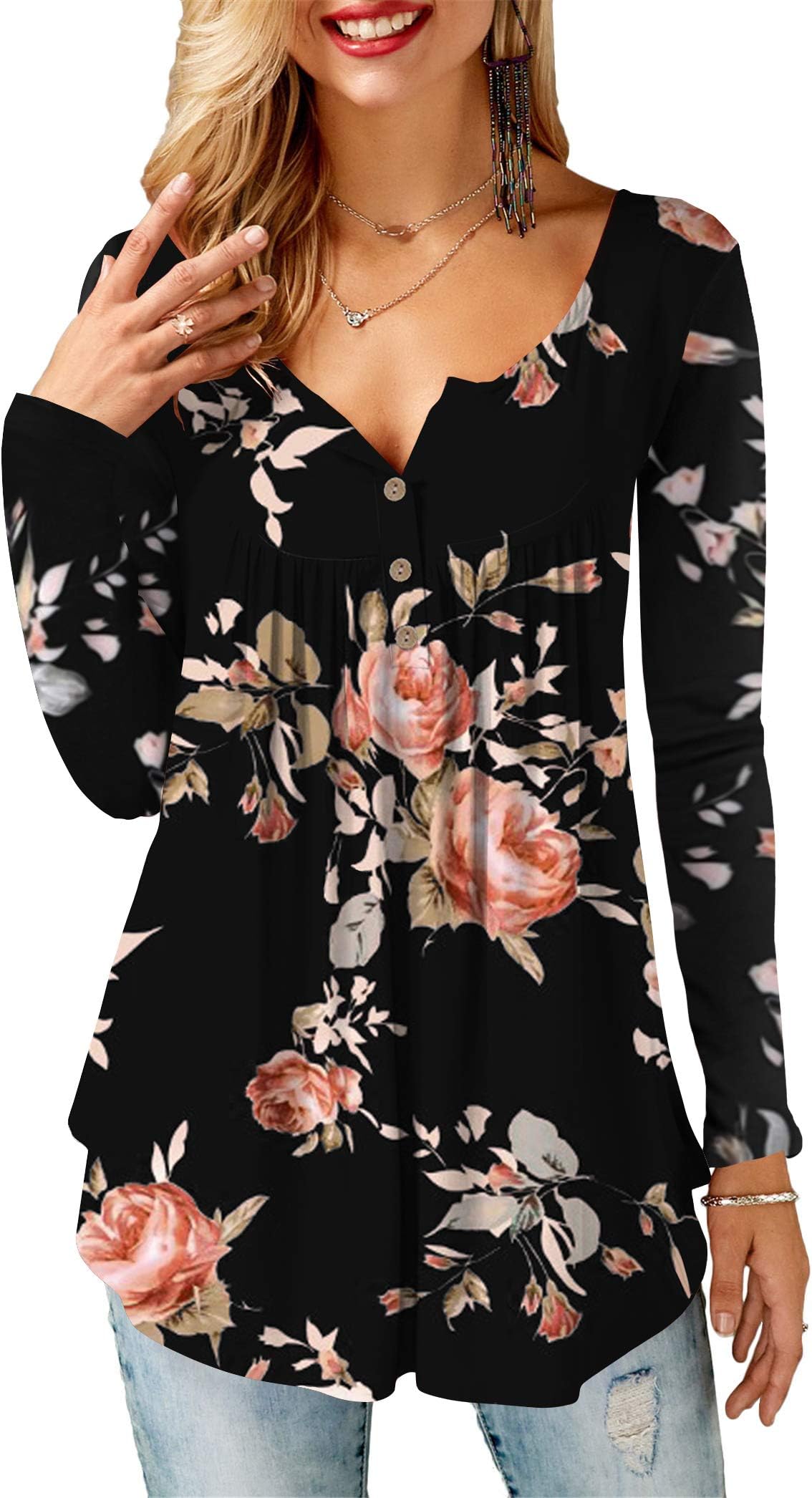 Ladies Shirts Ruffle Loose Button up Tunic Tops for Women