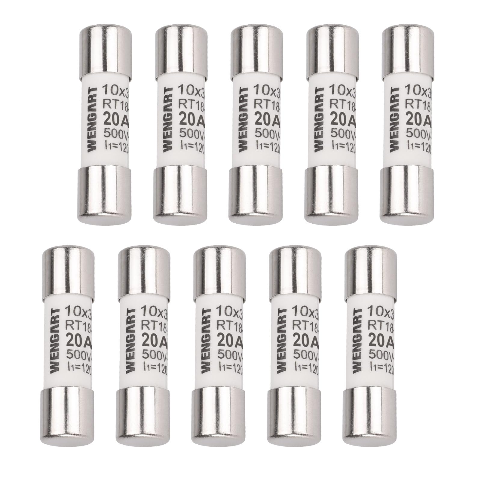 Wengart AC Cylindrical Fuse Link RT18-32 (RO15), AC500V 20A, 120kA, 10x38mm, 10 pieces, Strong Breaking Capacity, Can Reliably Protect The Circuit