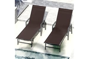 WOAJNQO WOAJUQO Aluminum Chaise Lounge Chair Outdoor (Set of 2) -Patio Lounge Chair with Wheels and 5-Position Adjustable Backrest and Outdoor Recliner Full Flat Tanning Chair for Beach,Patio,Lawn,Pool,Brown