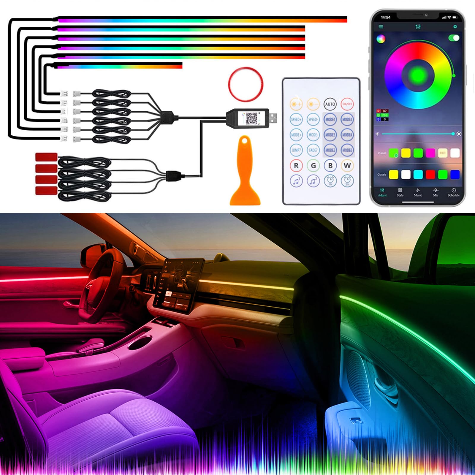 Acrylic Interior Car Lights with Wireless APP/Remote/Button Control, 10 ...