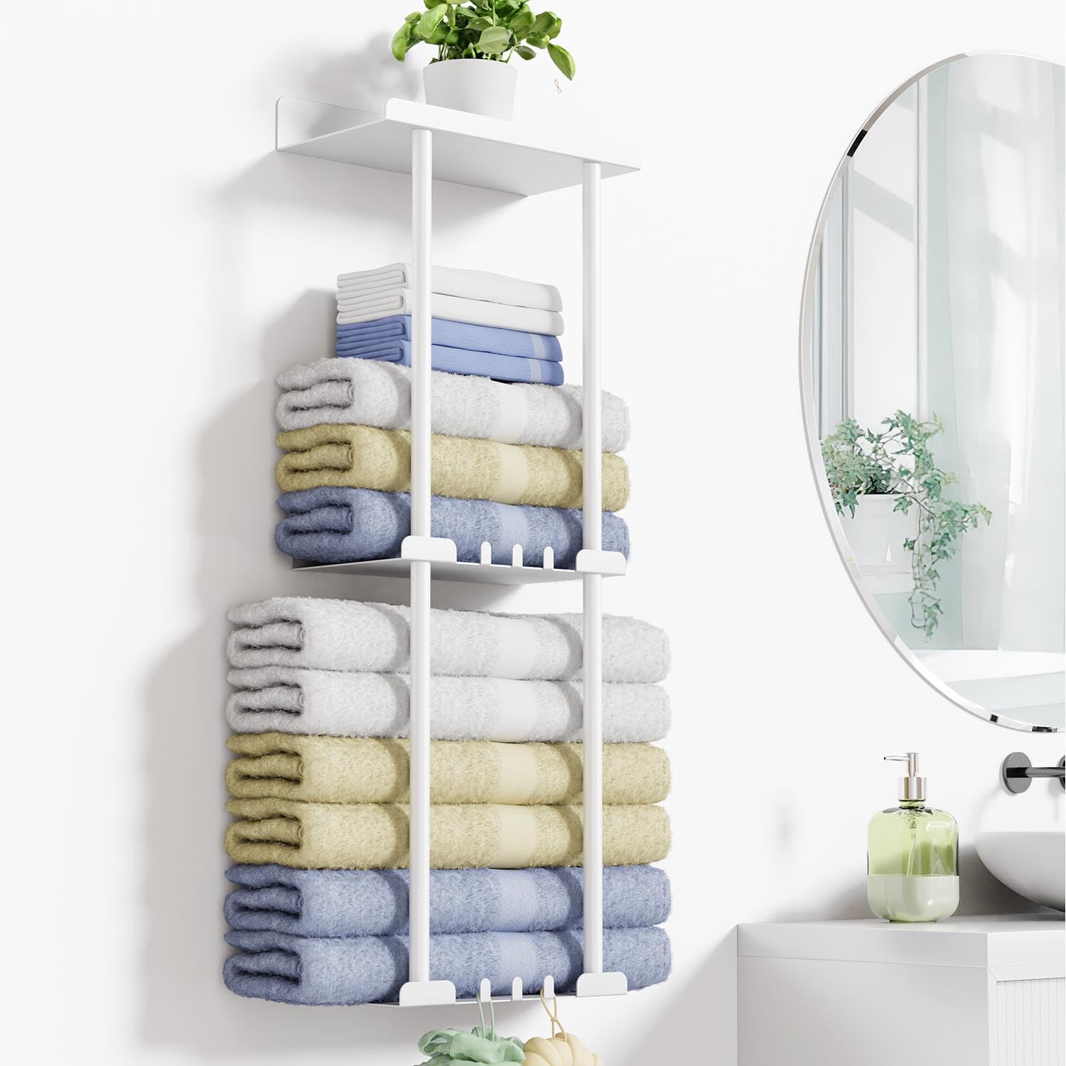 Wall Mounted Towel Rack with Shelf & 6 Hooks, Bathroom Organizer (White)