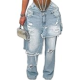 NRTHYE Womens Baggy Ripped Jeans Casual High Waisted Wide Leg Patchwork Tear Boyfriend Street Denim Pants with Pockets