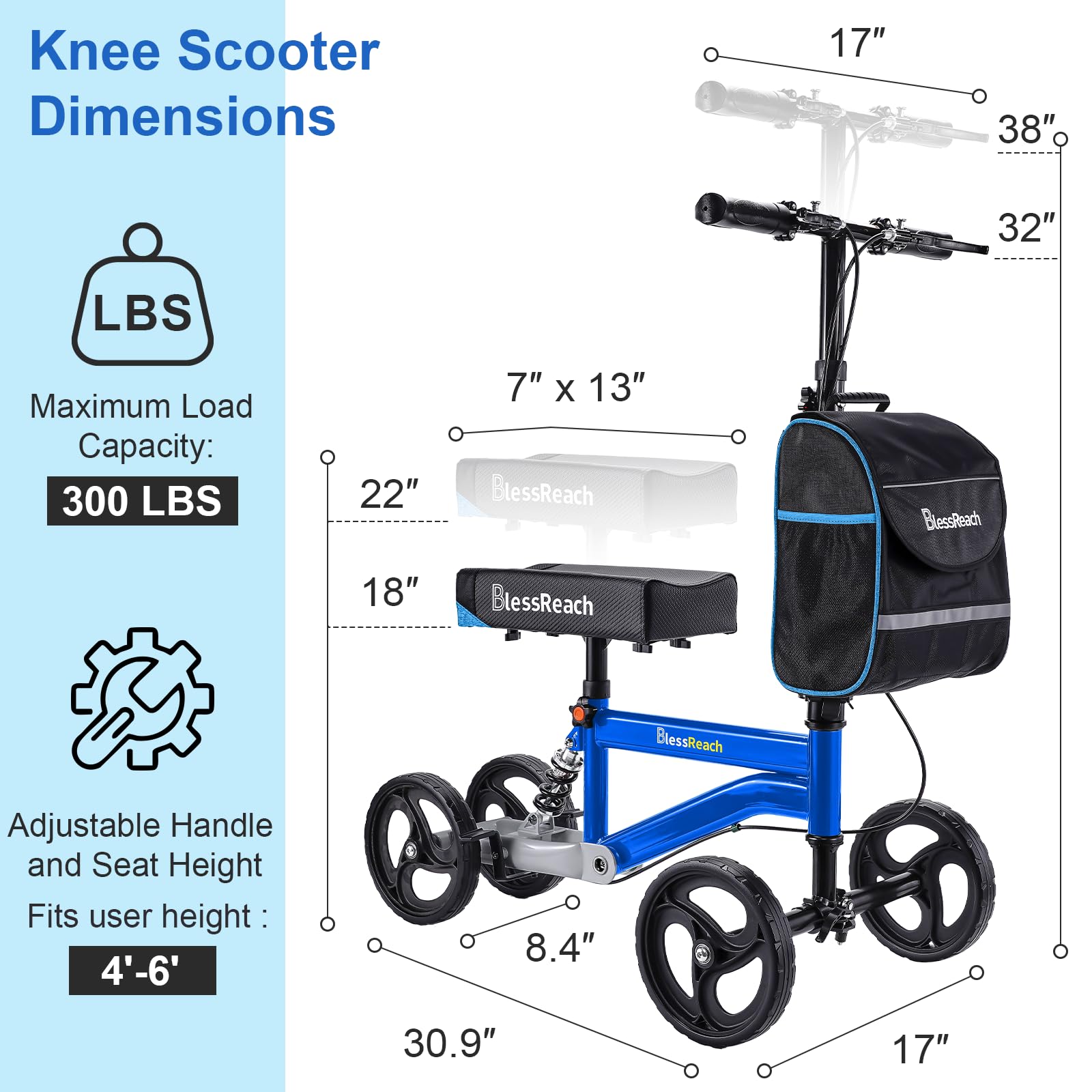 BlessReach Economy Knee Scooter, Steerable Knee Walker, Foldable Knee Scooters for Foot Injuries Adult Best Crutches Alternative (Blue)