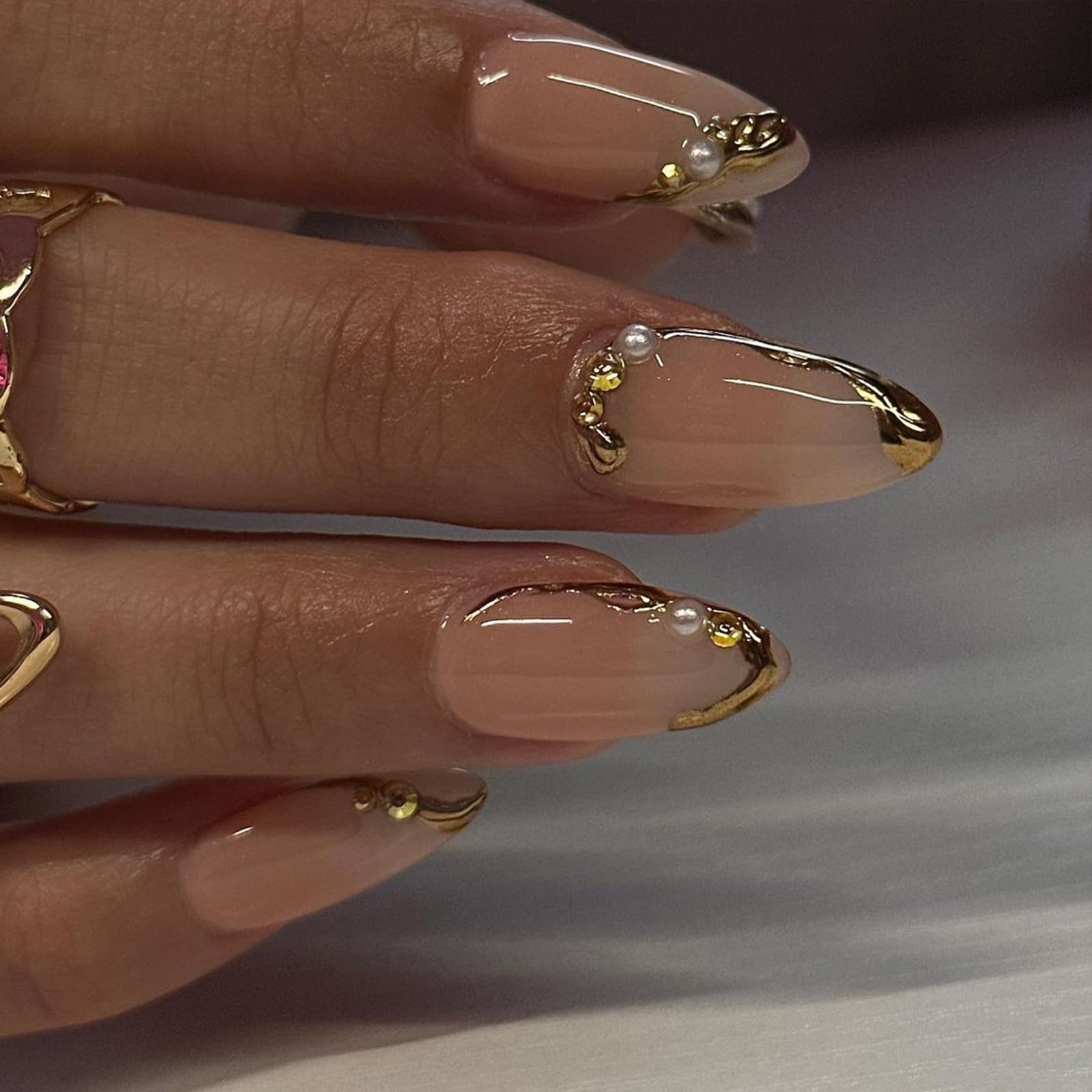 UEYRSEDB Gold French Tip Press on Nails Medium Almond Fake Nails with Pearl Rhinestone Charms Design 3D Gold Edge False Nails Nude Glue on Nails Elegant Artificial Stick on Nails for Women Girls 24Pcs - Image 2