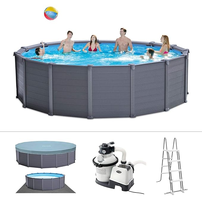 Intex Graphite Gray Panel Pool Set - Panel Wand Aufstellpool - Sehr luxuriös und robust - Ø 478 x 124 cm - Zubehör enthalten