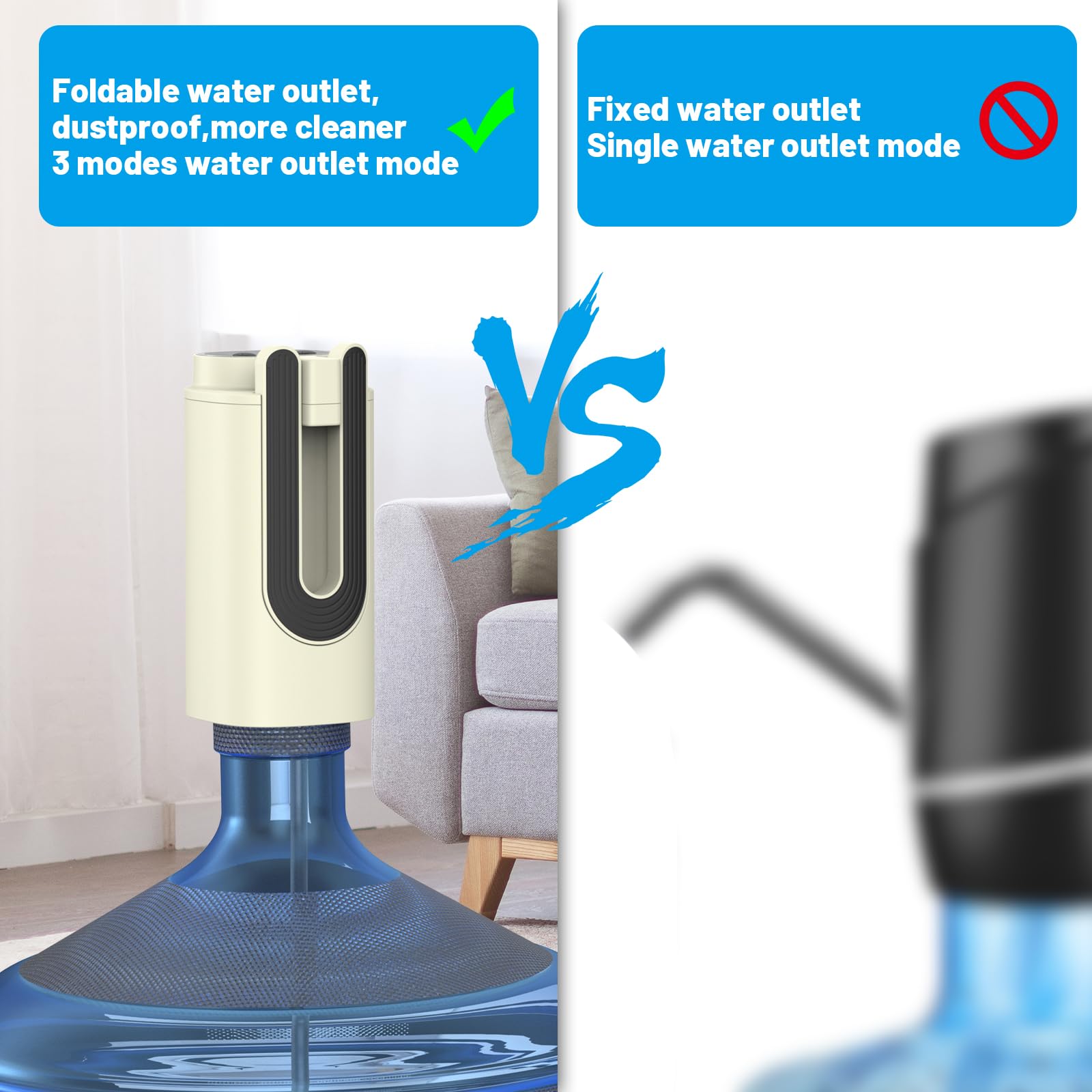 Myvision Foldable Nozzle 5 Gallon Water Dispenser, 3 Mode Water Pump for 5 Gallon Jug, Portable Electric Water Jug Dispenser for Gallon Bottle Switch (Square Folding)