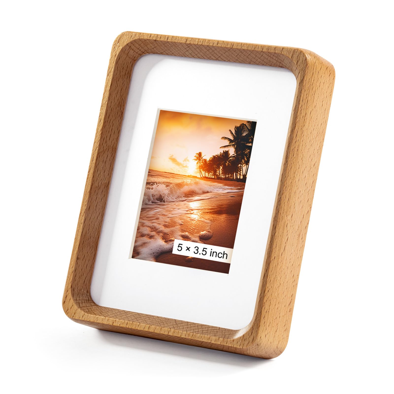 Kattepote Small Picture Frame 5x3.5 inch, Wooden Photo Frame for 127 x 90mm, with Mat to fit 5x7cm Pictures, Handcrafted Natural Beech Wood, Home Decor Tabletop Wood Photo Frame