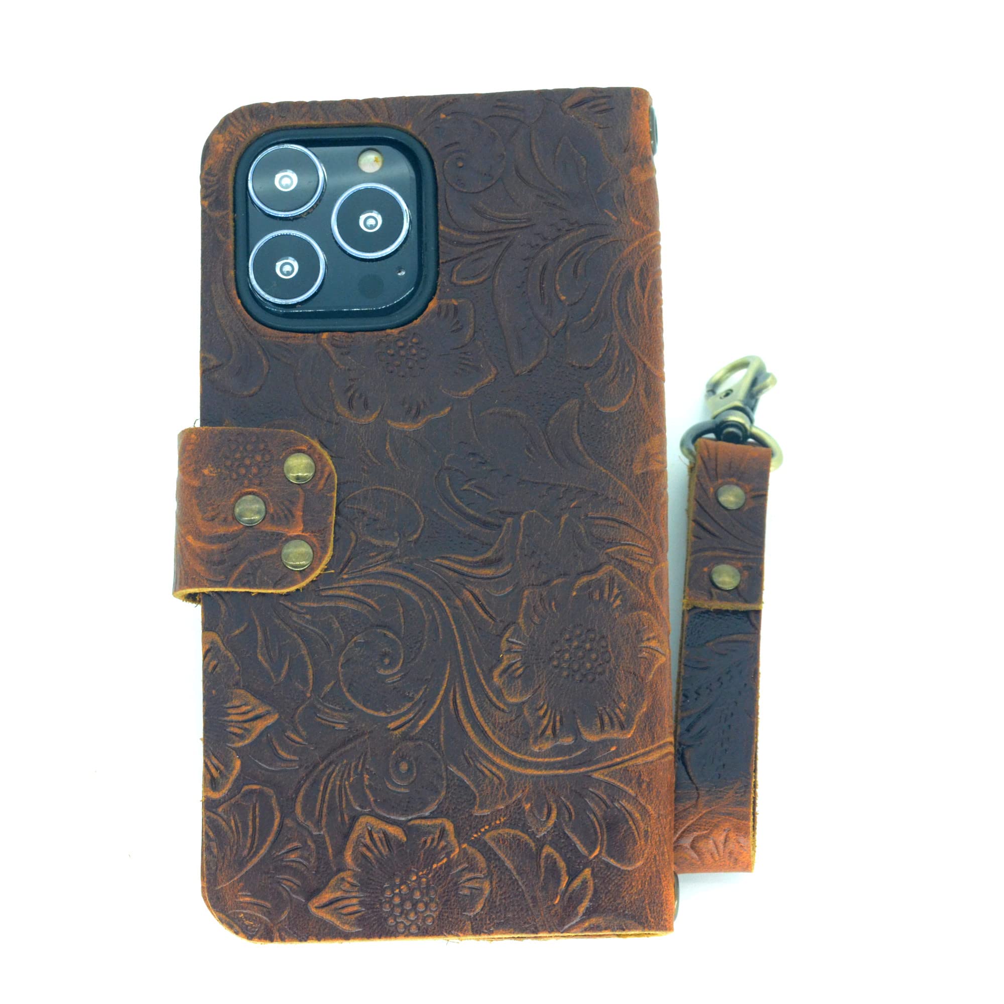 JJNUSA Compatible with iPhone 14 Pro Max Handmade Genuine Distressed Leather Wallet Case Flip Cover with Wristlet Brown — image 1