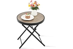HOMEFUN Outdoor Side Tables - Folding Patio End Table with Tempered Glass Tabletop, Portable Bistro Coffee for Porch Yard, Balcony, Garden, Deck, Poolside, Wood
