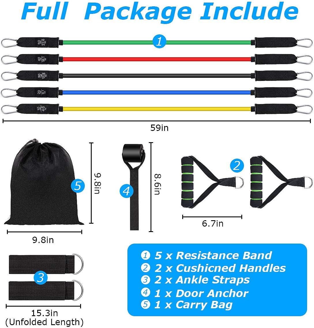 N-A Resistance Bands Set (11pcs)-5 Piece Exercise Bands with Handles, Fitness Bands with Door Anchor & Ankle Straps for Resistance Training, Physical Therapy, Home Workouts-Stackable Up to 150 lbs. : Sports & Outdoors