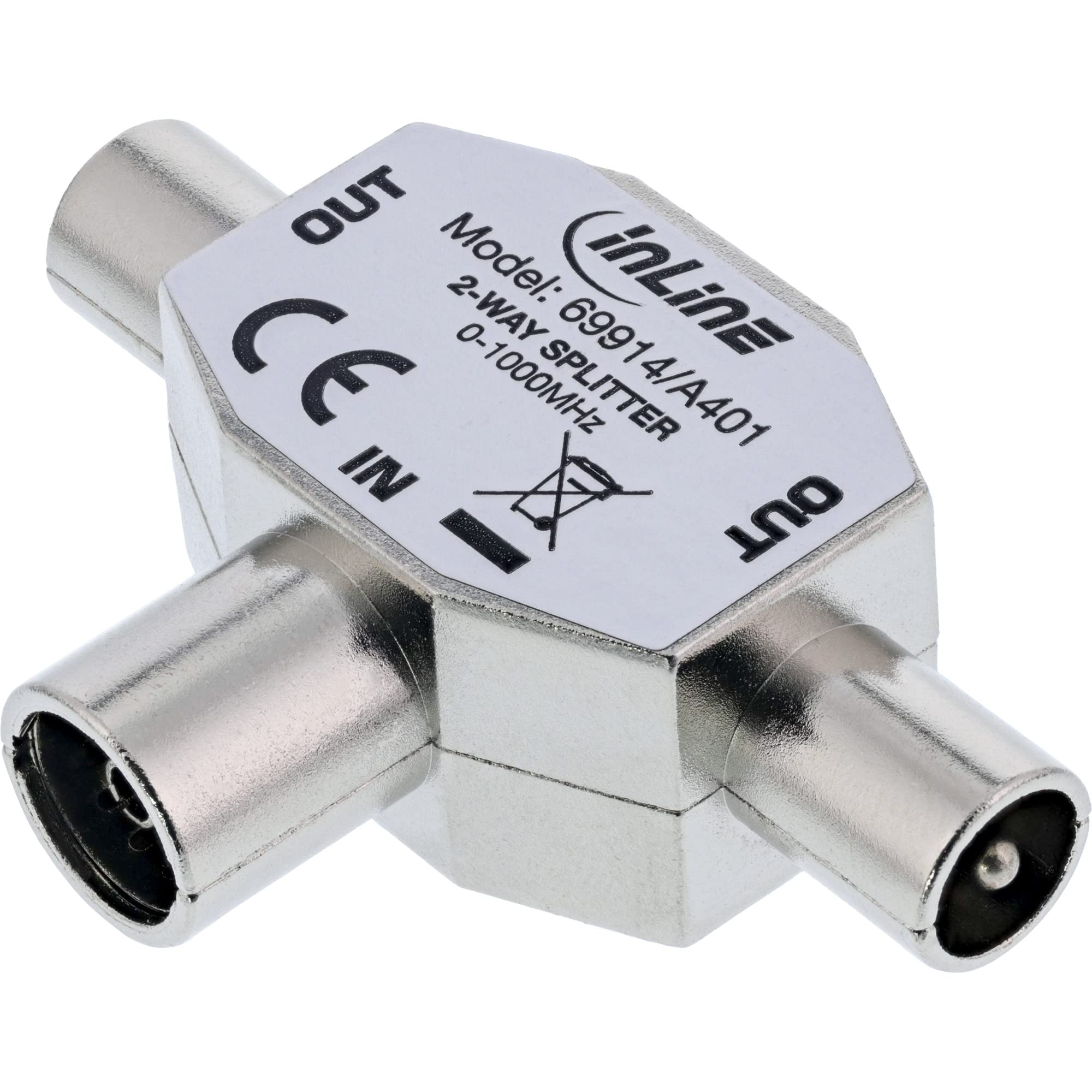 Metronic antenna T-Splitter for TV, 1x female coaxial to 2x male coaxial
