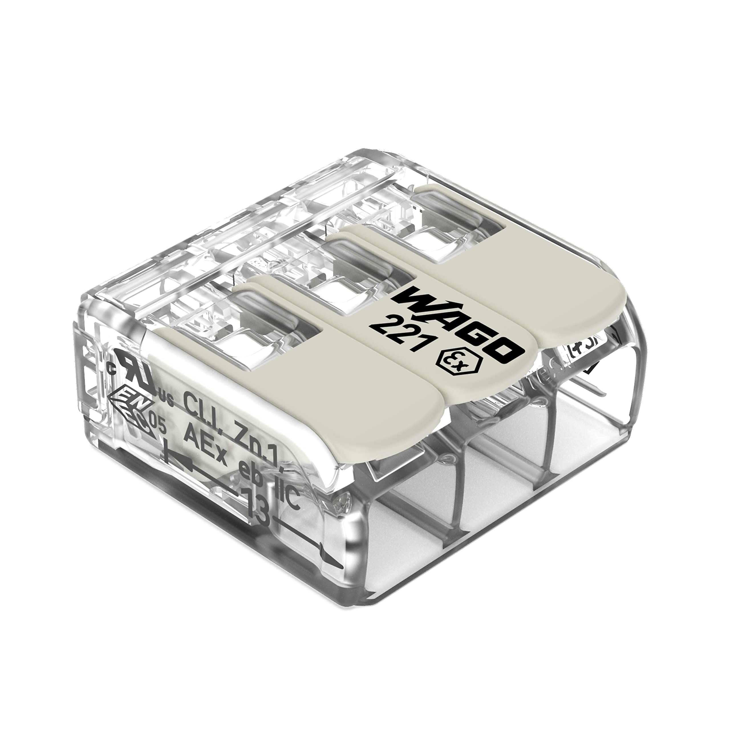 WAGO Compact Splicing Connector, for all conductor types, for Ex e applications, max. 6 mm², 3-conductor, with levers, transparent housing, Operating temperature (max.), 105 °C, 221-683 (30 Pcs)