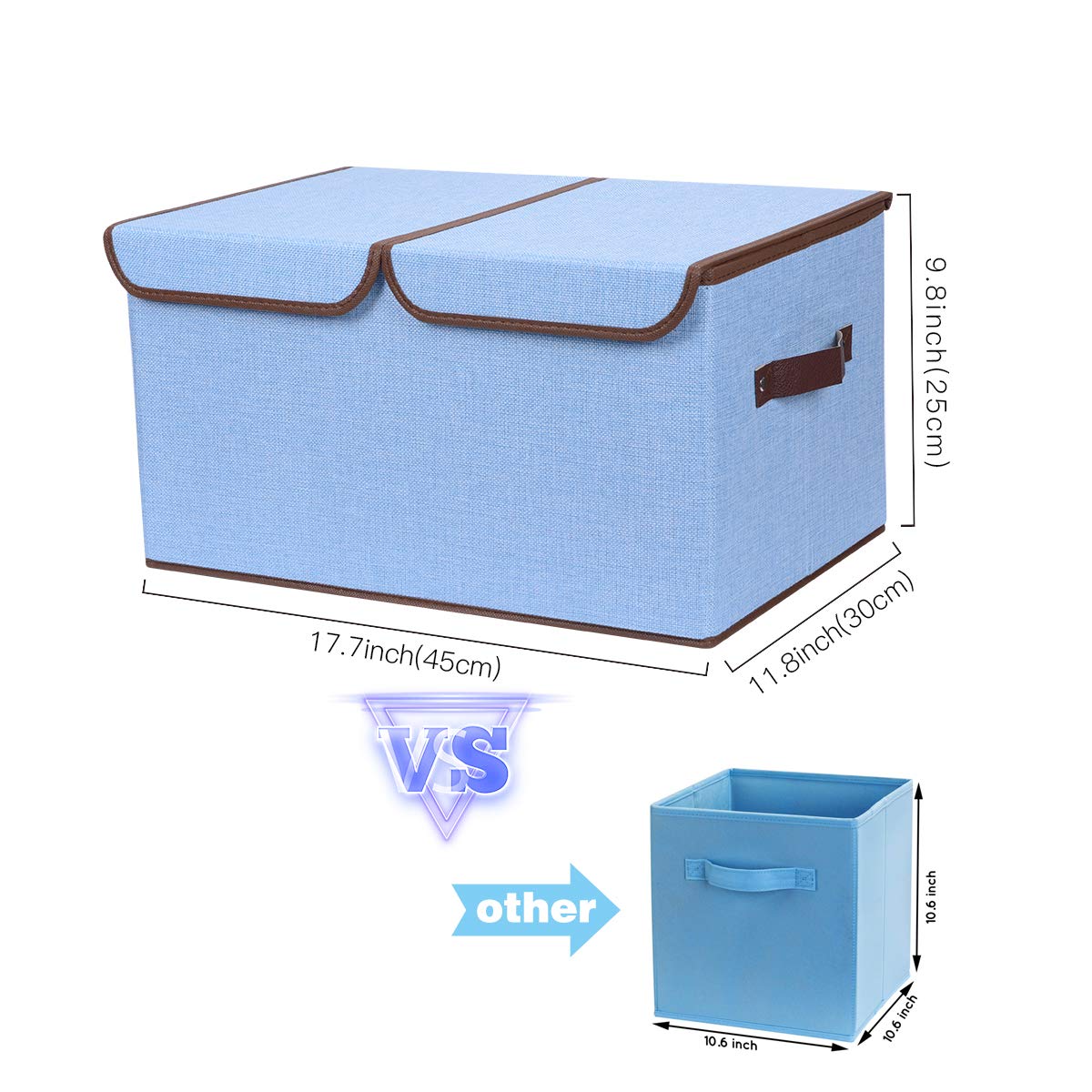 Storage Boxes Set of 3, Large Cotton Fabric Foldable Cube Organiser Bins Baskets with Lids and Handles Container Clothes Blankets for Home, office and Laundry Organization (Light Grey & Sky Blue)