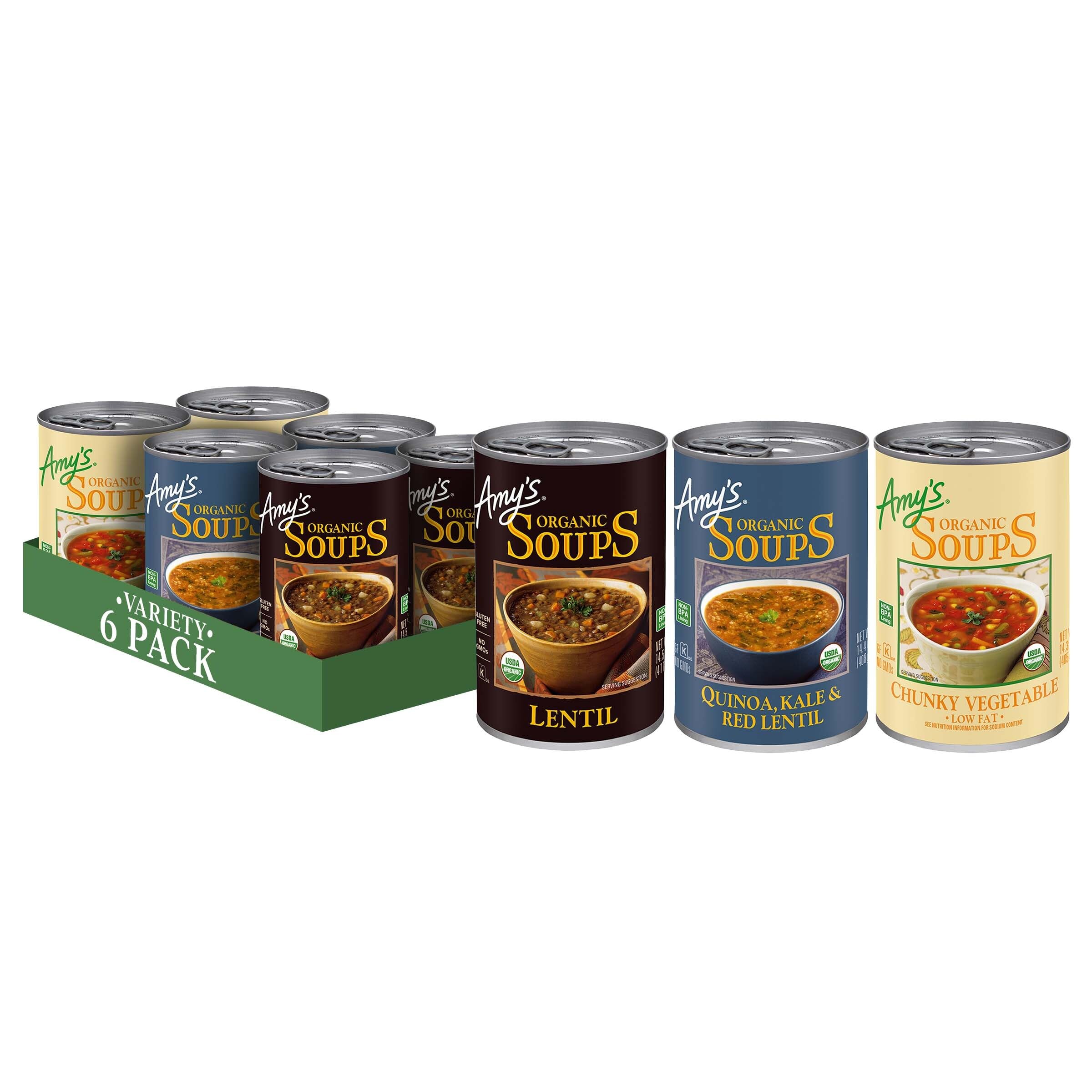 View 1 of **BB 08/2028**Amy's Soup, Organic Variety Pack, Chunky Vegetable, Quinoa, Kale and Red Lentil, and Lentil Canned Soup, Made With Organic Vegetables, Pack of 6