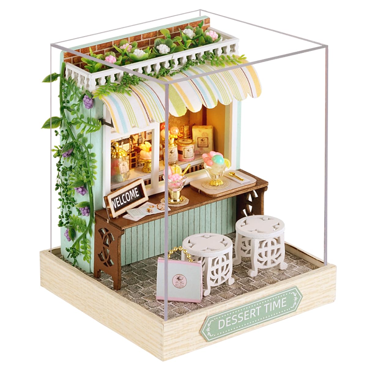 CUTEROOM DIY Miniature House Kit, Wooden Dollhouse Kit Mini House Making Kit with Furnitures and Dust Cover (Dessert Time)