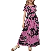 GORLYA Girl's Short Sleeve Floral Print Loose Casual Long Maxi Dress with Pockets 4-12 Years