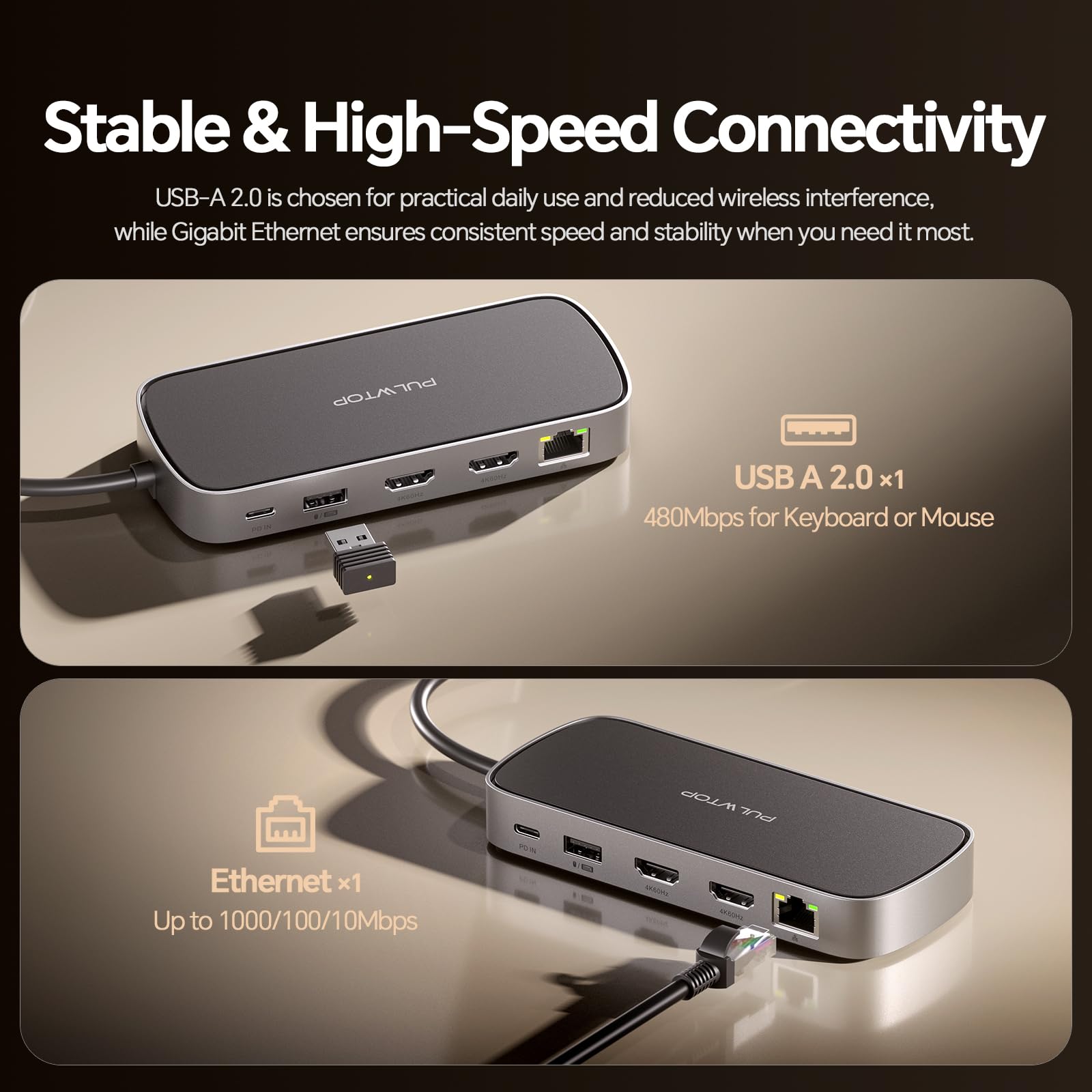 PULWTOP MacBook Dockingstation Dual Monitor 4K@60Hz für MacBook Pro/Air M5/M4/M3 Pro & Max, Dockingstation 2 monitore mit 2 HDMI Anschlüssen, PD, Ethernet, USB A/C 10 Gbit/s, SD/TF, USB 2.0 5