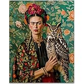 Frida Kahlo and the Owl - Frida Inspired 11x14 Unframed Print Surreal Symbolic Portrait Owl Companion Botanical Floral Background Mexican Folk Fine Art Wisdom Imagery Boho Eclectic Gallery Wall Decor