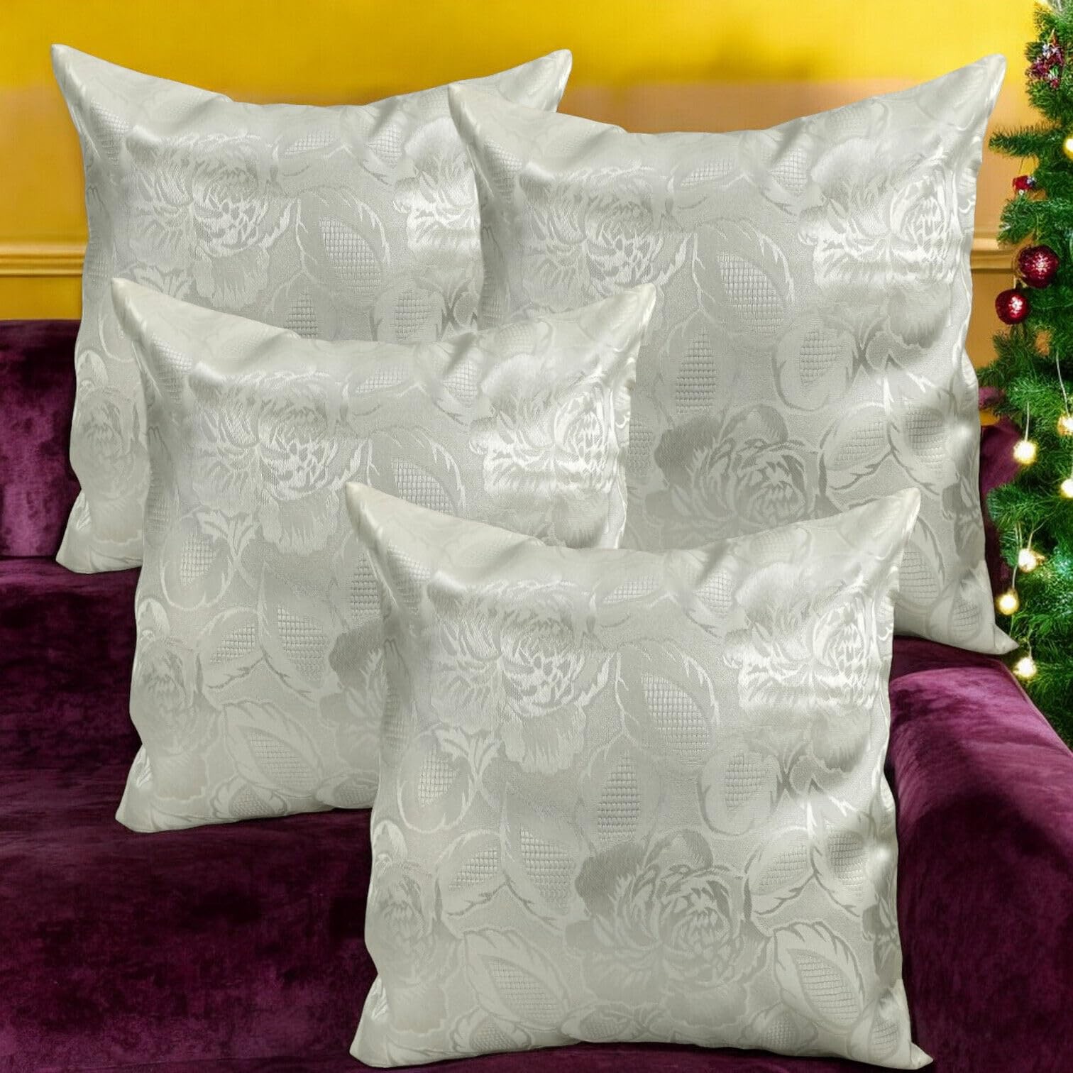 Seechoo Floral Flower Cushion Covers, Set of 4, 40x40cm, Assorted Colours (White Big Rose)