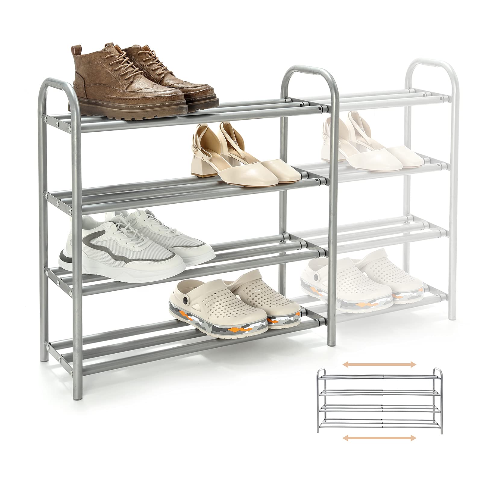 Gurkkst 4 Tier Extendable Shoe Rack Organiser Strong and Durable Heavy Duty Metal Footwear Storage Rack Holds 20+ Pairs (60-100) x 22,5 x 61,5 cm