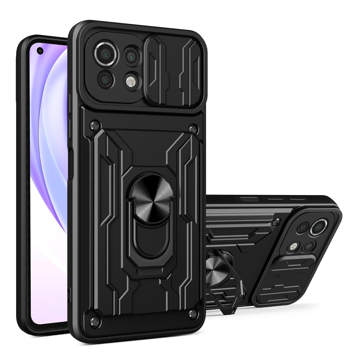 ILING Wallet Case for Xiaomi 11 Lite 5G NE/Xiaomi Mi 11 Lite, Ultra-thin Matte Hard PC Silicone Shockproof Protective Armor Cover, with Card Holder Slot, Ring Kickstand, Slide Camera Cover (Black)