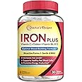 Doctor's Recipes Iron Supplement for Women Men - Gentle Iron Bisglycinate with Vitamin C, B6, Folate & B12 - Non-Constipating & Stomach Friendly Iron Pills for Blood & Energy Support, 30 Vegan Caps