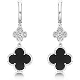 Lavari Jewelers Flower Dangle Drop Earrings for Women - Black Onyx Green Malachite or Mother of Pearl & Cubic Zirconia in 925 Sterling Silver Clover - Hypoallergenic Gold Plated - Secure Hinge Post