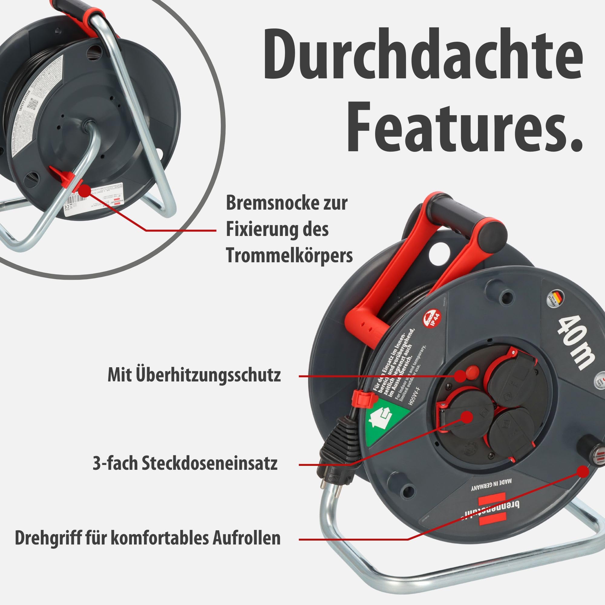 Brennenstuhl Garant V2 IP44 Kabeltrommel 40m outdoor (Made in Germany, 3 Schutzkontakt-Steckdosen, Spezialkunststoff) 3