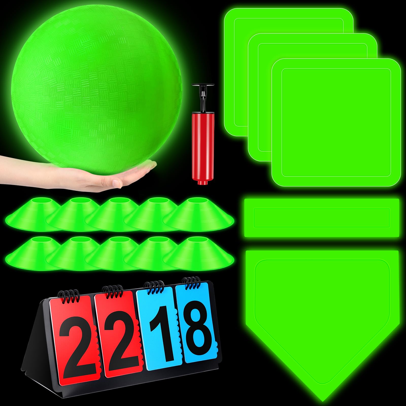 Jenaai 18 Pcs Sports Kickball Set Includes Playground Ball 5 Rubber Throw Down Bases Ball Pump Scoreboard Net Bag 10 Foul Line Cones for Adults Playground Backyard Game (10 Inch,Glow in The Dark)