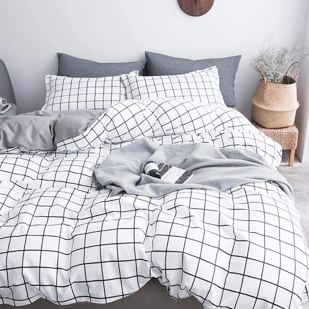 Michorinee Single Duvet Cover Set Black and White Grid Checked Pattern Gingham Bedding with Pillow Case Reversible Microfiber Quilt Cover Set Zipper Closure